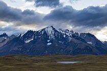 Mountain range and pre-andean shrubland, Torres del Paine National Park, Patagonia, Chile