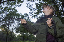 Biologist, Morgan Swingen, setting up mist net to capture bats during white-nose syndrome research, Sherburne National Wildlife Refuge, Minnesota