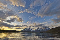 Granite peaks in spring at sunset, Lake Pehoe, Torres del Paine, Torres del Paine National Park, Patagonia, Chile