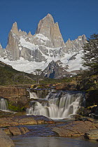 Waterfall and peak, Fitzroy Massif, Los Glaciares National Park, Patagonia, Argentina