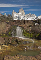 Waterfall and peak, Fitzroy Massif, Los Glaciares National Park, Patagonia, Argentina