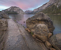 Boulders on lakeshore at sunset, Polly Dome, Sierra Nevada, Yosemite National Park, California