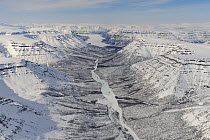 River valley in plateau in winter, Putoransky State Nature Reserve, Putorana Plateau, Siberia, Russia