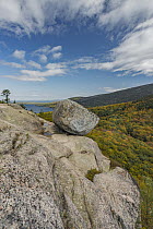 Glacial granite rock and deciduous forest in autumn, Bubble Rock, Jordon Pond, Mount Desert Island, Acadia National Park, Maine