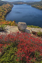 Glacial granite rock above deciduous forest and pond in autumn, Jordan Pond, Bubble Rock, Mount Desert Island, Acadia National Park, Maine