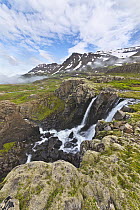 River with waterfalls in tundra, Klifbrekkufossar Waterfall, Mjoifjordur, Iceland