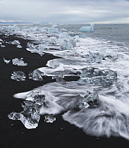 Ice chunks on black sand beach, Jokalsarlon Lagoon, Iceland