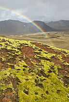 Rainbow above lava fields, Snaefellsjoekull National Park, Snaefellsnes Peninsula, Iceland