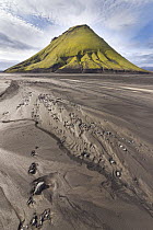 Mountain and black volcanic sand, Myrdalsjokull Glacier, Mount Maelifell, Iceland