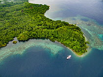 Boat near coral reef and island, Papua New Guinea