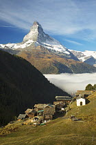 Huts and peak, Matterhorn, Findeln, Switzerland