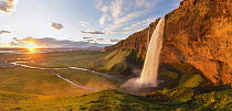Waterfall at sunset, Seljalandsfoss Waterfall, Iceland
