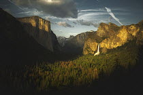 El Capitan, Half Dome, and Bridal Veil Falls at sunset, Yosemite National Park, California