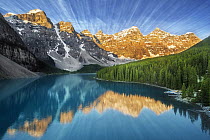 Mountains reflected in glacial lake, Moraine Lake, Banff National Park, Alberta, Canada