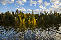 Lake in autumn with cumulus clouds, Dryden Lake, Ontario, Canada