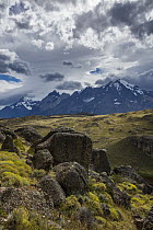 Rock formations and mountain range, Cordillera Paine, Torres del Paine National Park, Chile