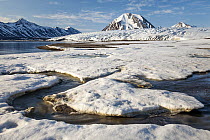 Creek flowing through ice with glacier and mountain in background, Comfortlessbreen, Engelsbukta, Spitsbergen, Svalbard, Norway