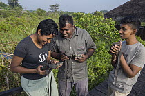 Fishing Cat (Prionailurus viverrinus) biologists, Anya Ratnayaka, Maduranga Ranaweera, and Tharindu Bandara, setting up camera traps in urban wetland, Urban Fishing Cat Project, Diyasaru Park, Colombo...