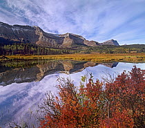 Mountains reflected in lake, Sofa Mountain, Waterton Lakes National Park, Alberta, Canada
