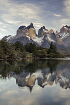 Mountains reflected in lake, Paine Massif, Torres del Paine, Torres del Paine National Park, Patagonia, Chile