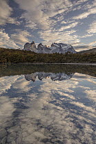Mountains reflected in lake, Paine Massif, Torres del Paine, Torres del Paine National Park, Patagonia, Chile
