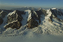 St. Elias Mountains showing bowl shaped glacial cirques and valley glaciers, Kluane National Park, Canada