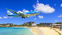 Jet coming in for landing close to beach, Maho Beach, Sint Maarten, Caribbean
