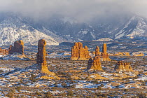 Sandstone rock formations in winter, La Sal Mountains, Arches National Park, Utah