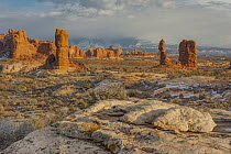 Rock formations in winter, Balanced Rock, Arches National Park, Utah