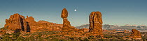 Full moon over Balanced Rock formation, Arches National Park, Utah