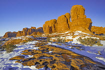 Sandstone rock formation in winter, Arches National Park, Utah