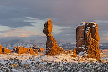 Balanced Rock at sunset in winter, Arches National Park, Utah