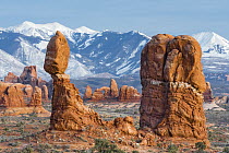 Balanced Rock with Turret Arch and La Sal Mountains, Arches National Park, Utah