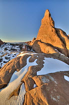 Rock formation at sunset in winter, Arches National Park, Utah