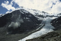 Rock avalanche above Dart Glacier showing glacial cirque and lateral moraine, Cascade Saddle Trek, Mt. Aspiring National Park, South Island, New Zealand
