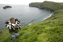 Atlantic Puffin (Fratercula arctica) hunter with catch, Vestmann Island, Iceland