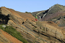 Tourists walking on ridge near Pico Ariero, Madeira