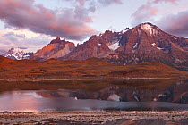 Mountains and lake at sunrise, Torres del Paine National Park, Chile