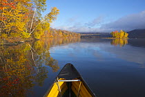 Deciduous forest, canoe, and reservoir in autumn, Chittenden Reservoir, Vermont