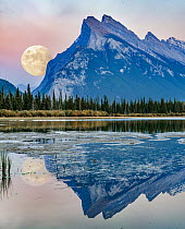 Moon over Mount Rundle from Vermilion Lakes, Banff National Park, Alberta, Canada, digital composite