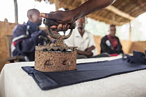 Villager ironing with antique charcoal iron, Kokolopori Bonobo Reserve, Democratic Republic of the Congo