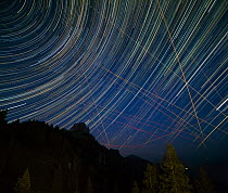 Mountains at night with star trails, Kampenwand Mountain, Alps, Upper Bavaria, Germany