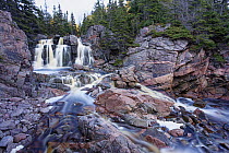 Coast and waterfall, Gulf of Saint Lawrence, Cape Breton Highlands National Park, Cape Breton Island, Nova Scotia, Canada
