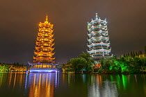 Sun and Moon Pagodas at night, Guilin, Guangxi, China