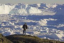 Hiker overlooking fjord covered with small pieces of ice and large icebergs, mid-summer, June, Greenland