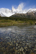 Creek with Mount Fitzroy in background, border of Argentina and Chile