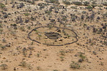 Samburu homestead from the air showing corral and homes in arid landscape, Kenya