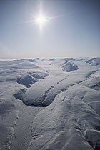 Aerial view of glacier and snow covered mountains, Ellesmere Island, Nunavut, Canada