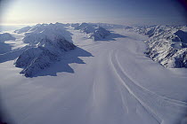Aerial view of glacier and snow covered mountains, Ellesmere Island, Nunavut, Canada