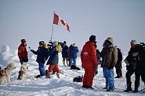 Will Steger being interviewed by television news crew upon arrival to the North Pole, Arctic